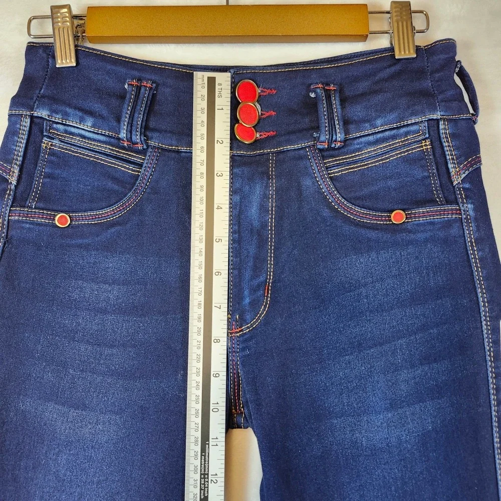 Bon Bon Up Womens High Rise Skinny Jeans Dark Wash Red Button Accents Indigo - Picture 3 of 14